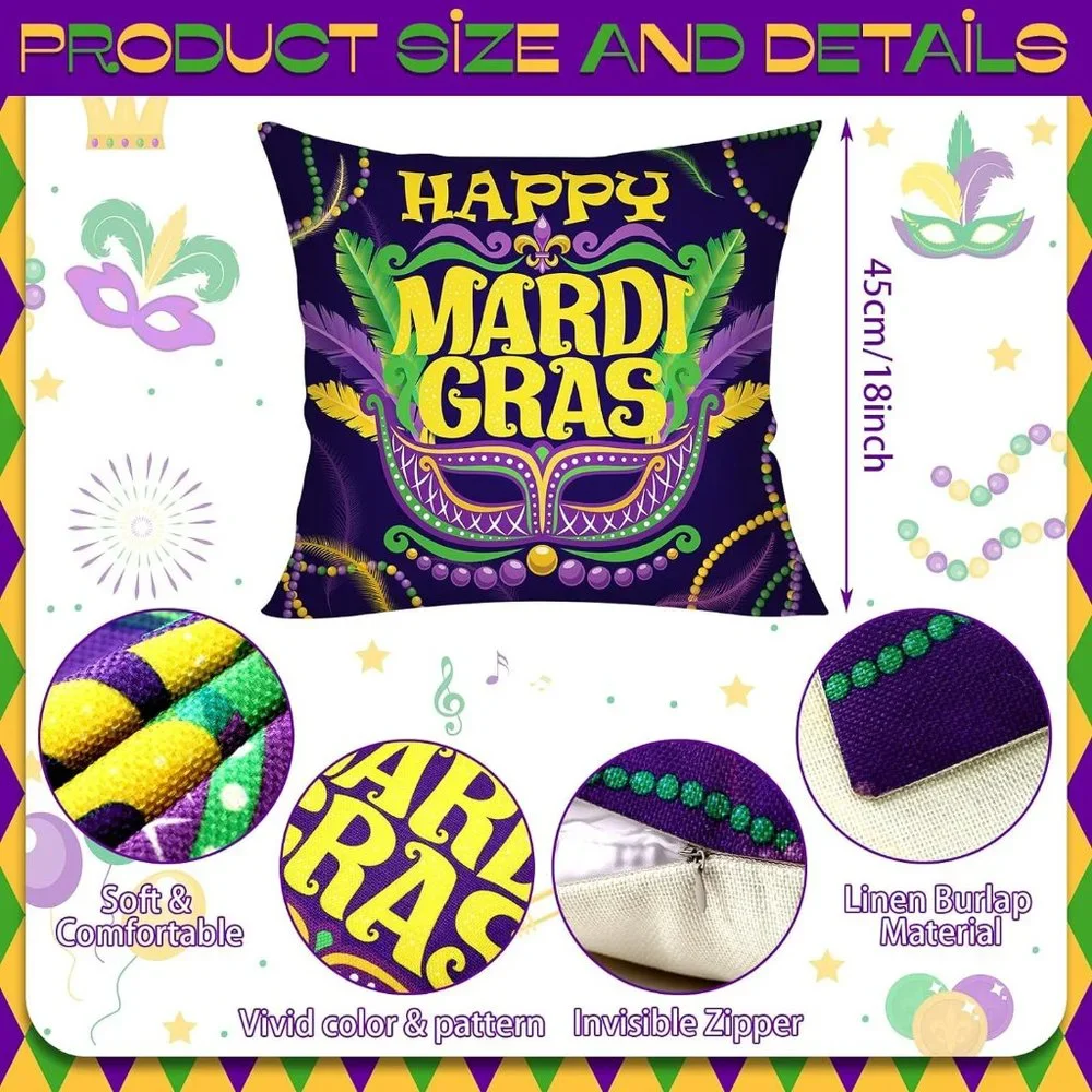 NWOT Mardi Gras Pillow Covers 18x18 Set of 4 Happy Mardi Gras